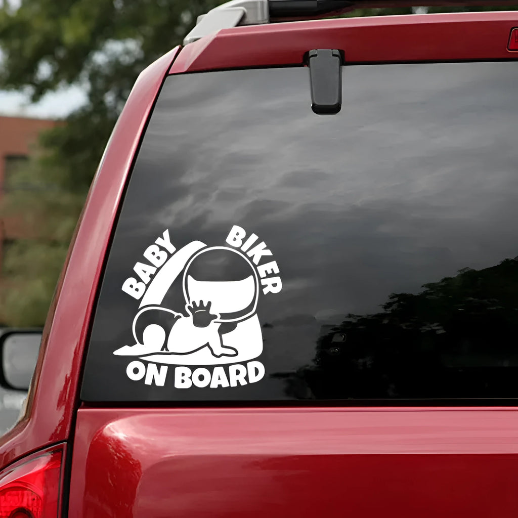 Reflective Baby On Board car sticker in black and white options measuring 14.5 by 15 cm
