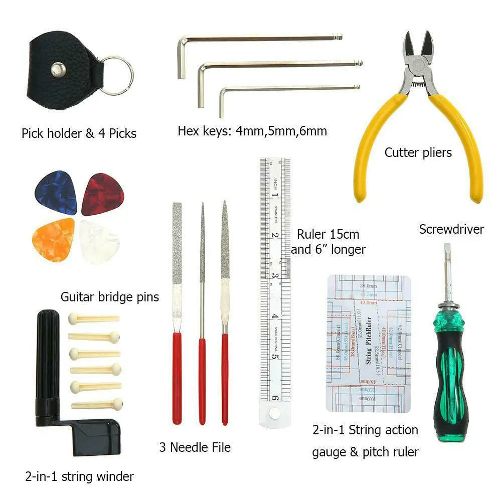 Black plastic case open to show metal guitar repair tools for maintenance