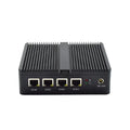 Industrial fanless mini host computer measuring 13.6x12.7x4cm with dual network ports