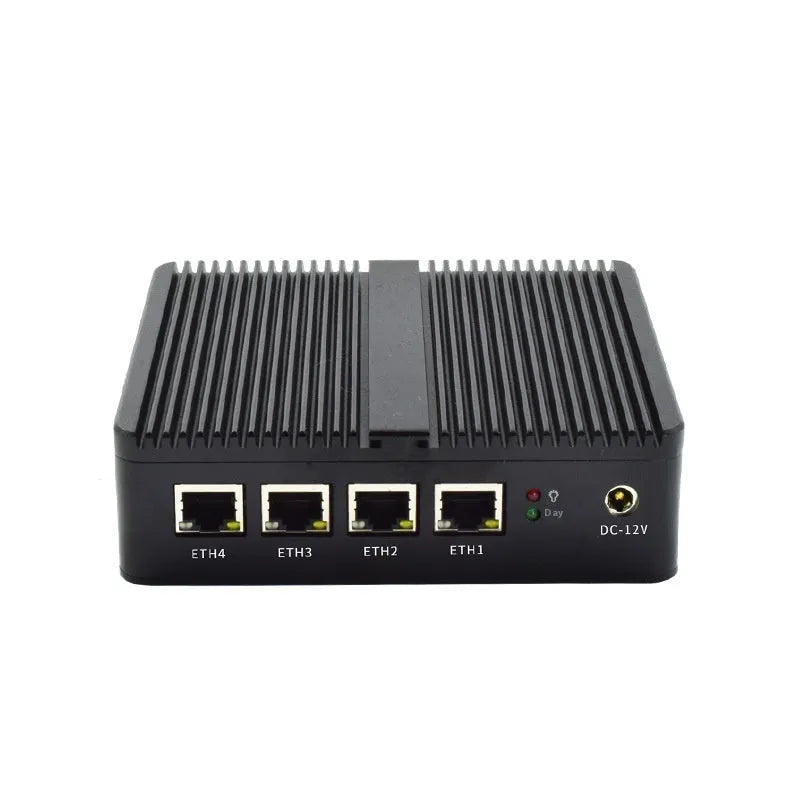 Industrial fanless mini host computer measuring 13.6x12.7x4cm with dual network ports