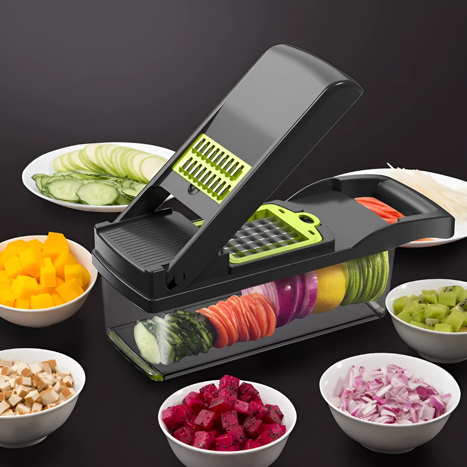 Multifunctional vegetable cutter with seven stainless steel blades and wheat straw plastic housing