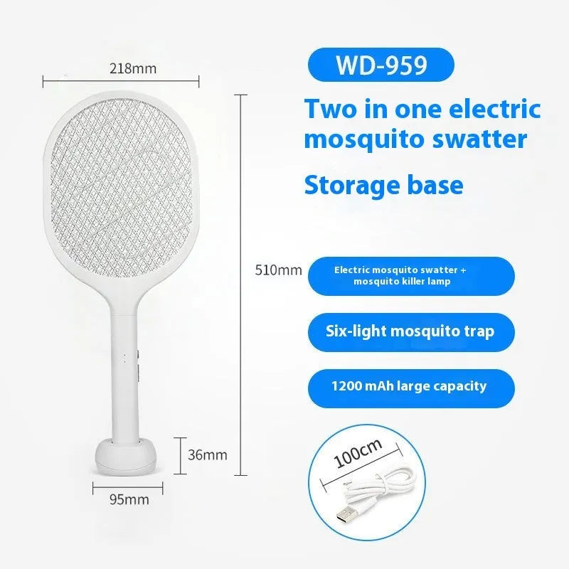 Rechargeable electric mosquito swatter with USB port and colour-coded handles for indoor insect control