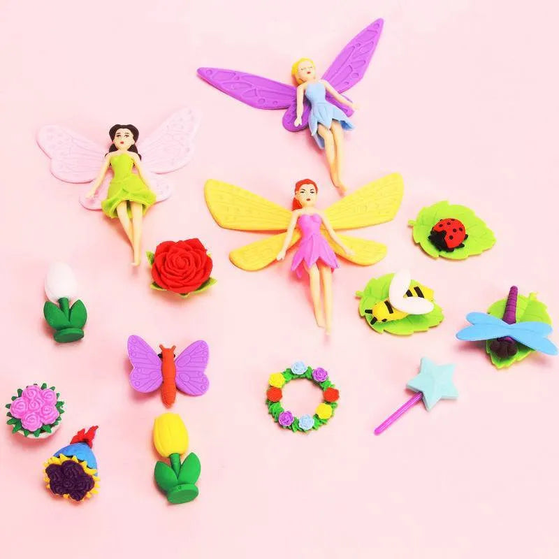 Flower Fairy decorative eraser suit set showing twelve TPR rubber erasers with fairy and mermaid designs