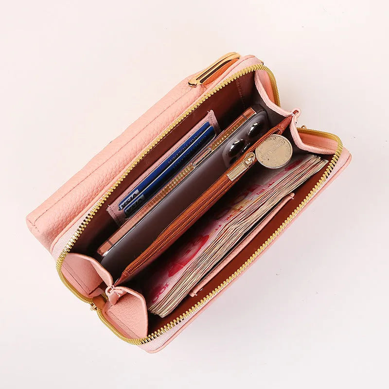 Flower embroidery soft PU phone bag with lock buckle, contrast stitching, five colours, vertical square shape