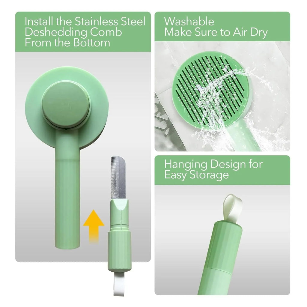 Green and yellow 2-in-1 pet grooming and deshedding brush with curved stainless steel teeth on a white background.
