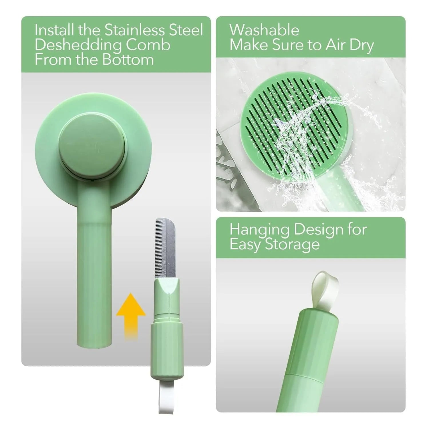 Green and yellow 2-in-1 pet grooming and deshedding brush with curved stainless steel teeth on a white background.