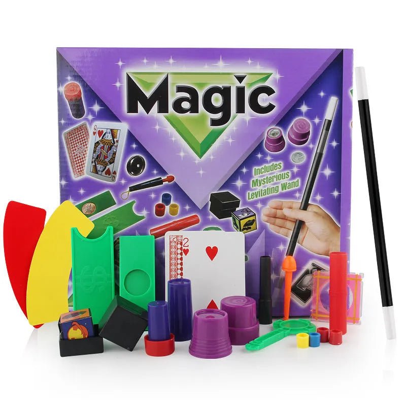 Purple and red plastic magic toy props for children aged 3-7 in a carton.