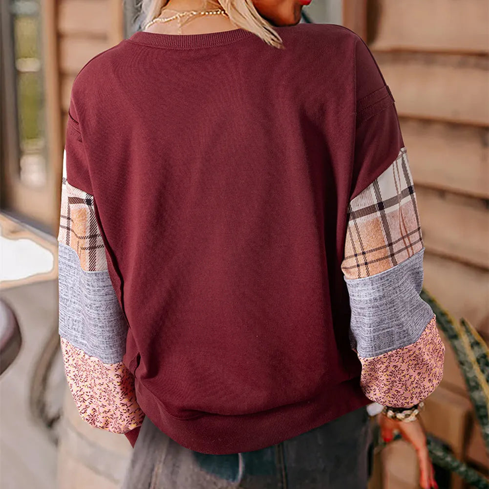 Women's plaid stitching long-sleeved loose top in apricot or red colours