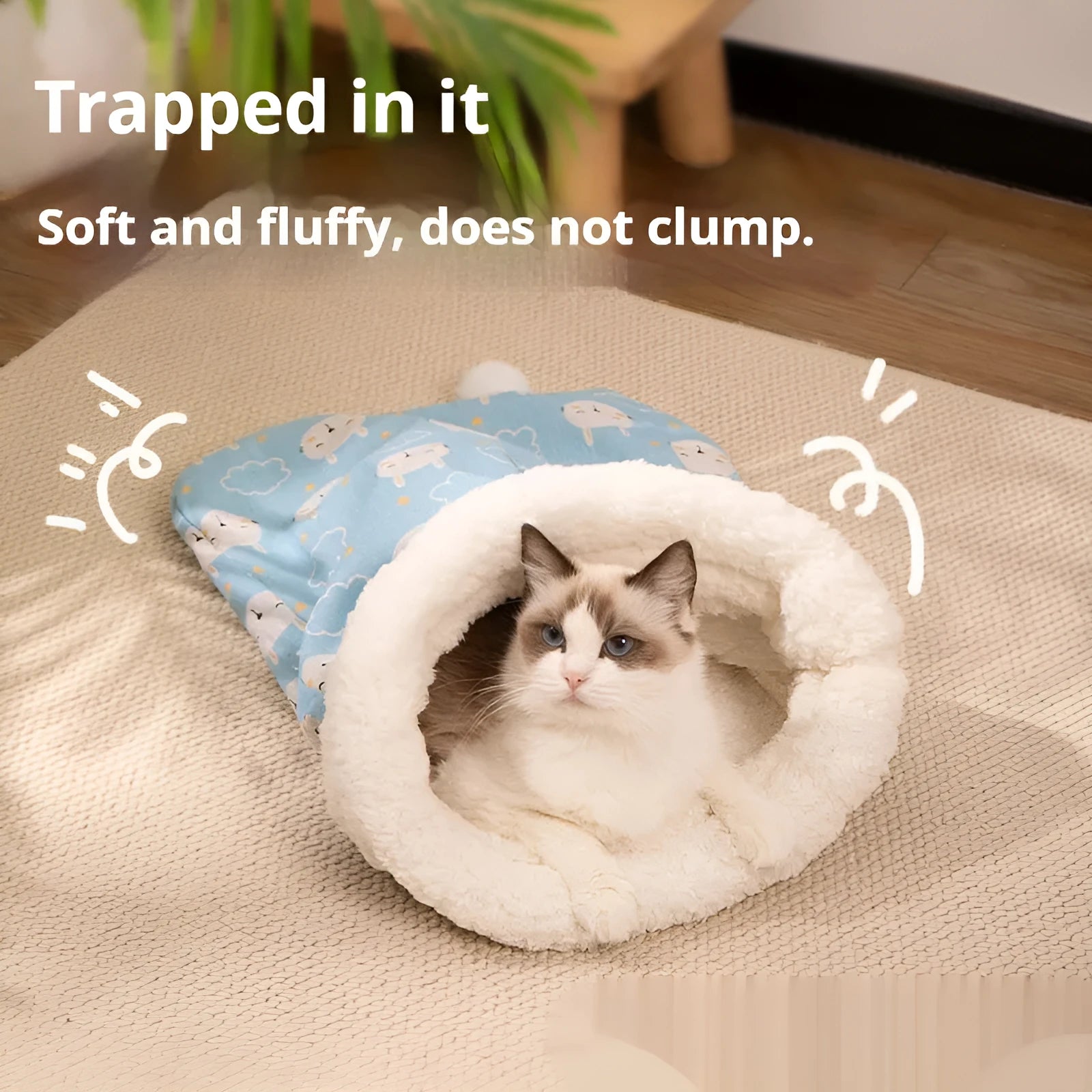 Flannel cat sleeping bag nest pet bed measuring 50 by 40 centimetres.