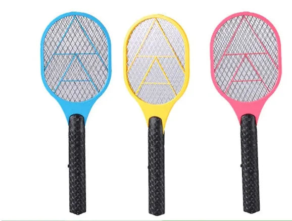 Blue battery powered electric mosquito swatter with LED light and safety guard, 45cm length