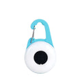 Blue USB-rechargeable LED dog collar light with adjustable silicone strap on a black dog collar.