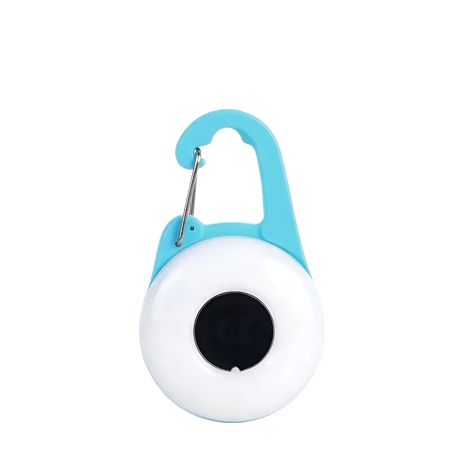 Blue USB-rechargeable LED dog collar light with adjustable silicone strap on a black dog collar.