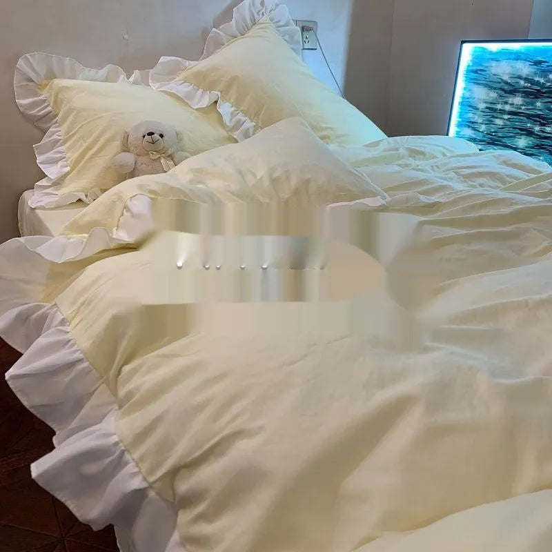 Mori style washed cotton four-piece bedding set in solid colour on bed