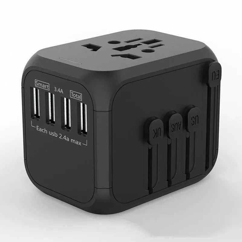 Black international travel adapter with six socket holes for UK plugs abroad