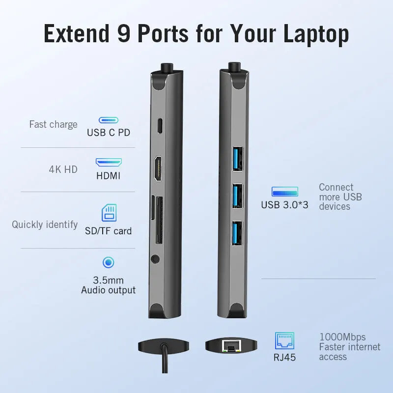 Deep grey USB-C multi-port hub with HDMI, USB, Ethernet, and memory card slots on a 0.15m cable.