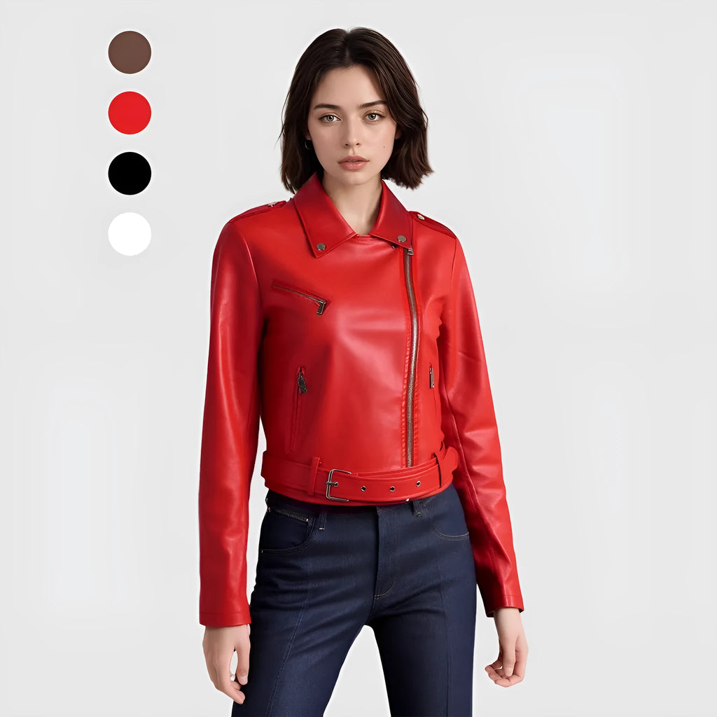 Women's black PU leather motorcycle-style jacket with a lapel collar and waist belt.