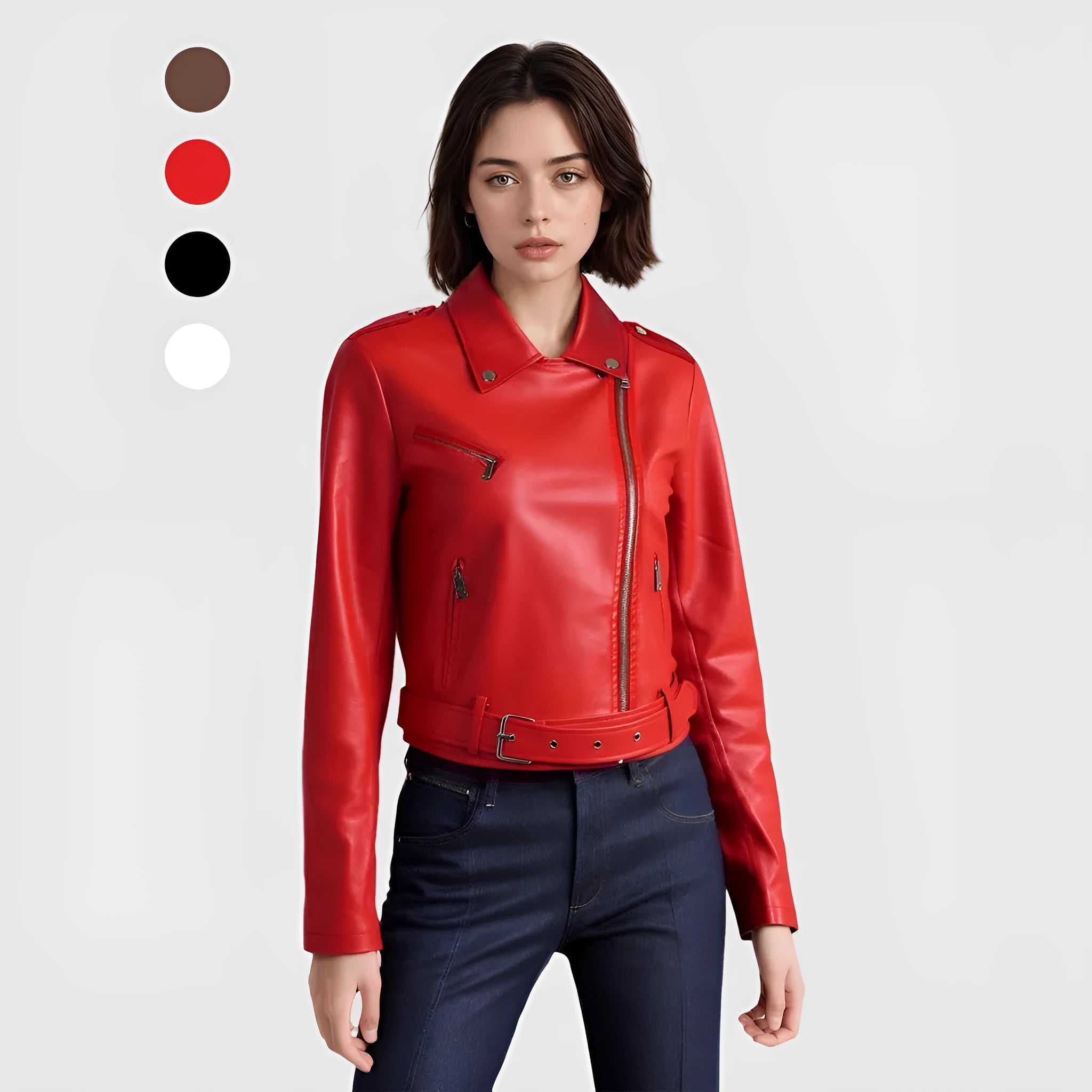 Women's black PU leather motorcycle-style jacket with a lapel collar and waist belt.