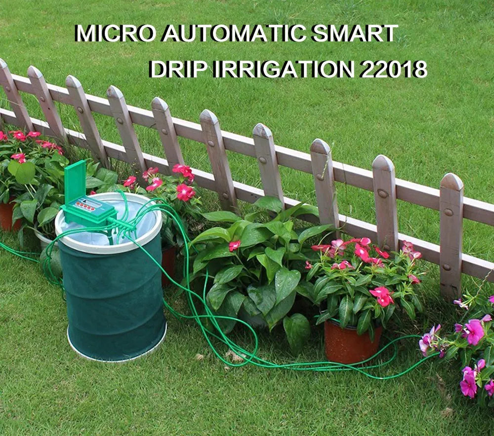 Green automatic micro drip irrigation watering kit with smart controller, 10m vinyl tube, and stainless steel spring pegs for indoor garden pots