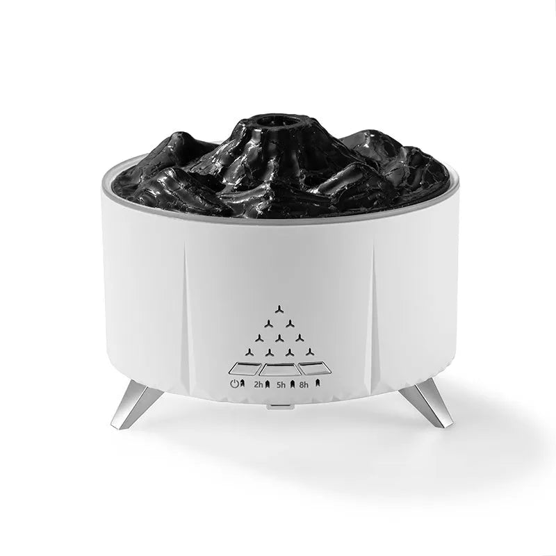 White mini simulated flame ultrasonic aromatherapy humidifier on wooden surface with remote control