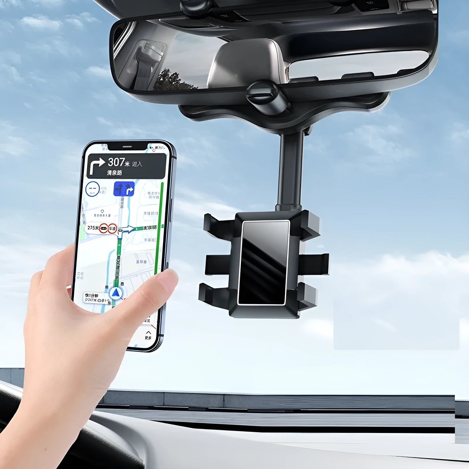 Rotating vehicle navigation bracket mounted on car rearview mirror showing left and right adjustment mechanism