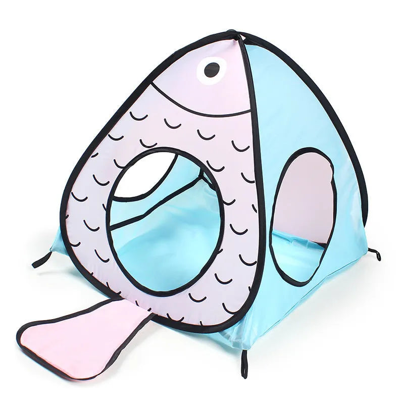 Foldable cat tent and tunnel toy set with cat fish design