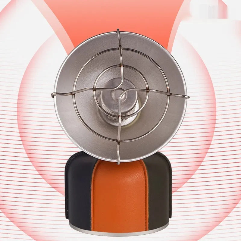 Black and orange portable gas heating stove for camping with automatic ignition.
