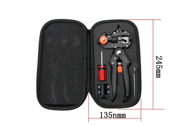 Black handheld grafting scissors with high carbon steel blade, open position showing U-shape cutting slot