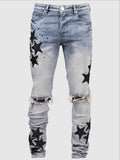 Men's slim fit stretch jeans in blue with mid waist and subtle embroidery detail on denim.