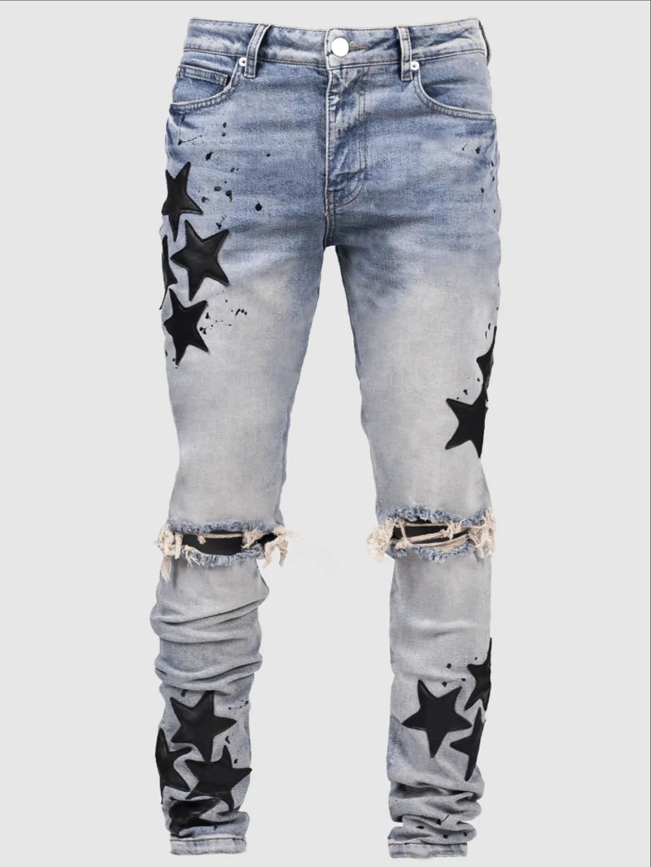 Men's slim fit stretch jeans in blue with mid waist and subtle embroidery detail on denim.