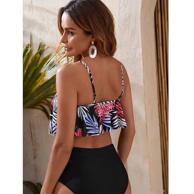 Women's high waist floral print bikini swimsuit with flounced detail in blue and white pattern