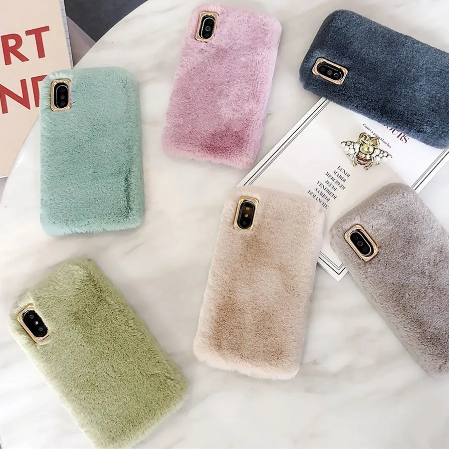 Rabbit plush phone case for iPhone with soft silicone shell and raised camera circle
