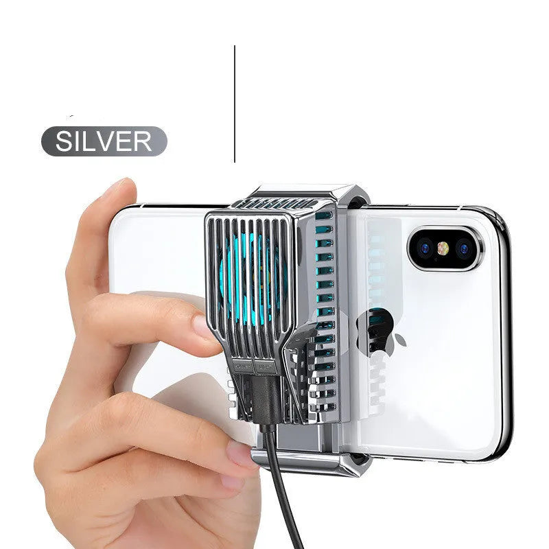 Mobile phone radiator with clip design showing aluminium alloy cooling fins and ABS plastic body