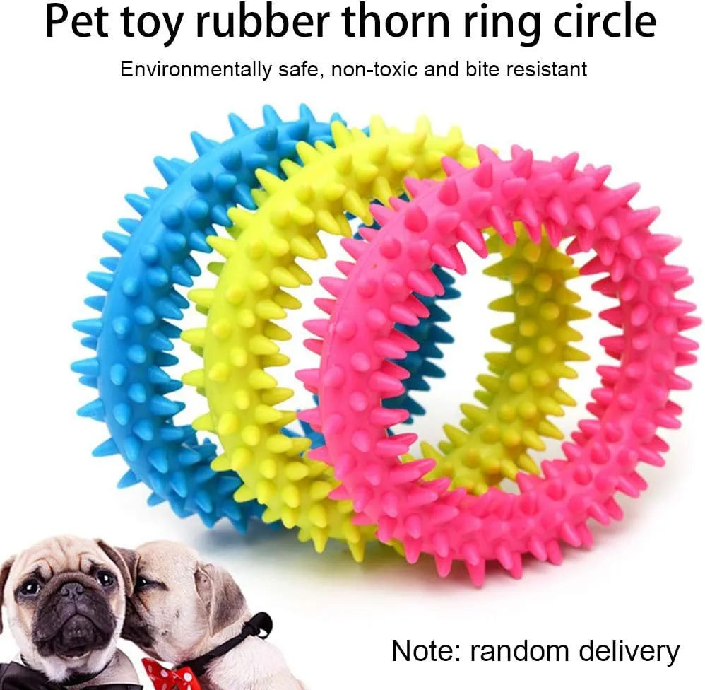 TPR spiky circle dog chew toy with dental cleaning nubs in multiple colour options