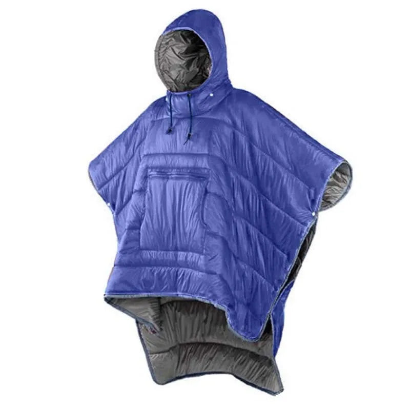 Army Green outdoor cloak sleeping bag worn as a cape, showing its 200x140cm size and nylon fabric.