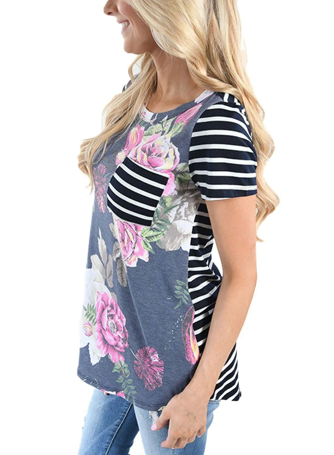 Summer breastfeeding top for pregnant women, striped short sleeve maternity nursing t-shirt in slim fit, round collar, green colour