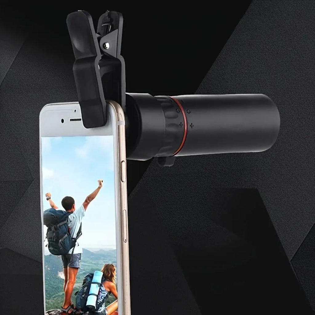 Black portable monocular telescope with a mobile phone holder attached