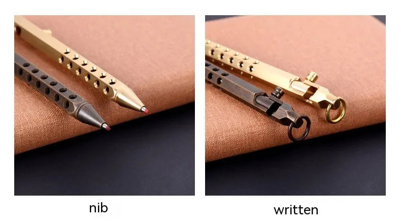 Brass hexagonal roller pen with six-angle barrel showing 0.5mm tip
