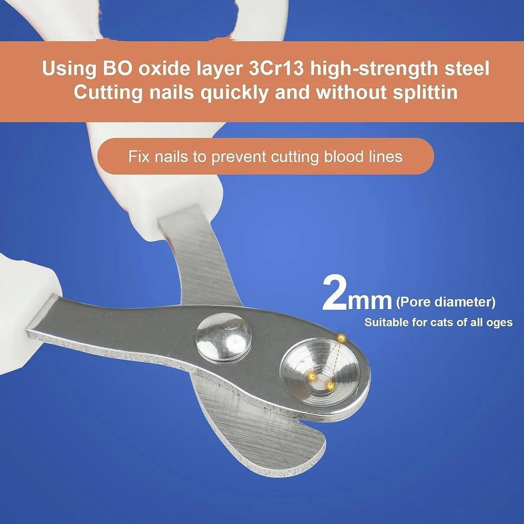 Blue pet nail clippers with a circular hole for the nail, showing the stainless steel blades and cushioned handles.