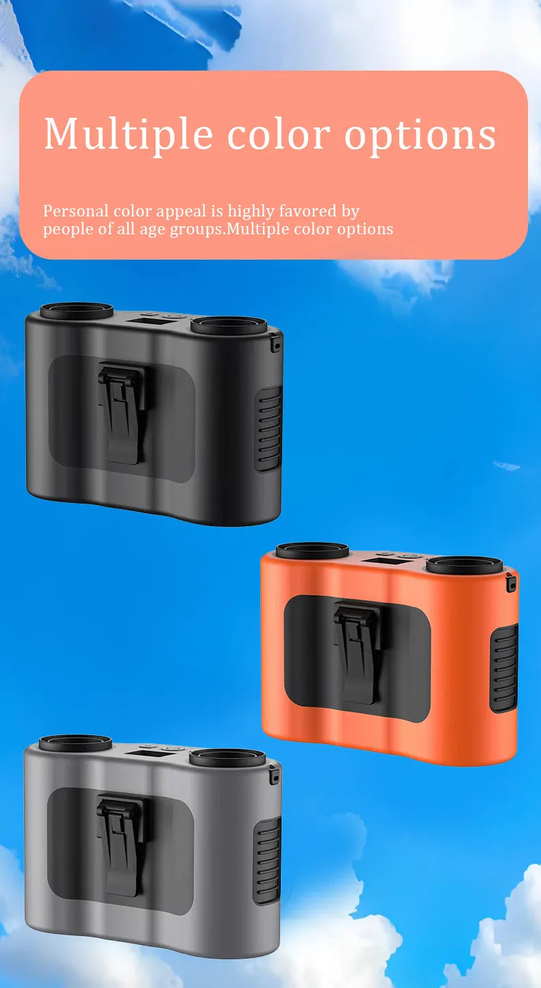Black mini waist-hung portable fan with neck lanyard and waist buckle, showing turbine blades.