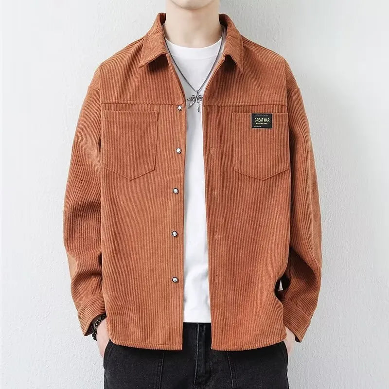 Men's casual corduroy jacket in cardigan style with long sleeves showing colour options