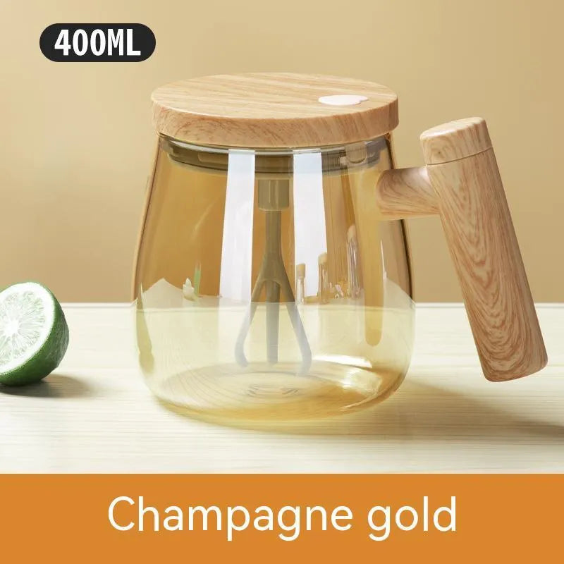 Clear borosilicate glass self-stirring coffee mug with electric mixing button and 400ml capacity