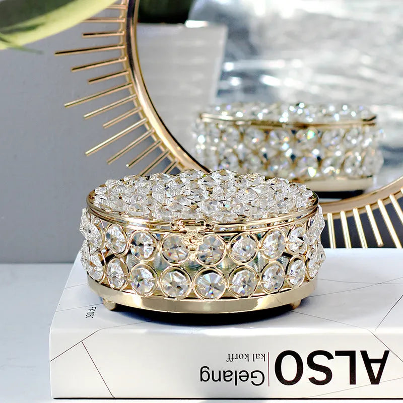 Transparent crystal glass jewelry storage box with a French gold metal frame