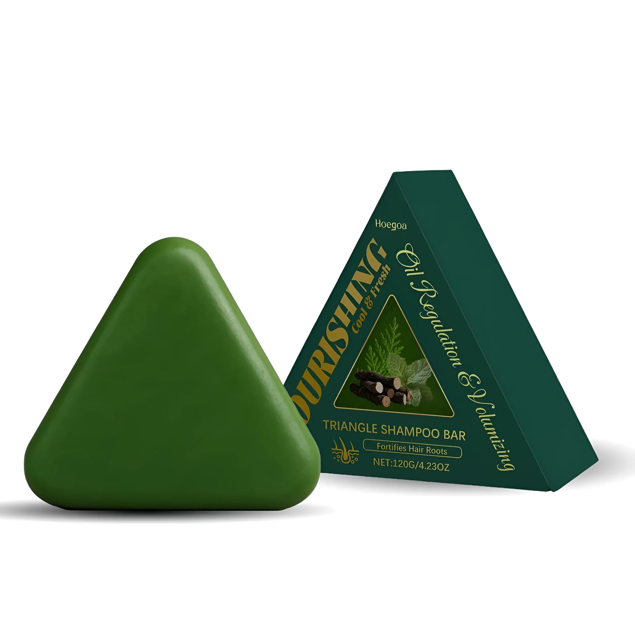 Triangle brand solid herbal shampoo bar for hair, 120g weight.