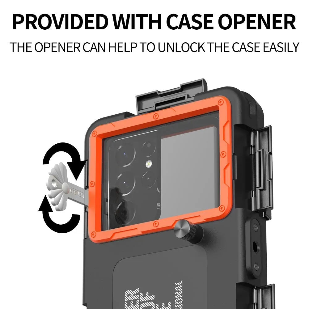 Simple Shooting Waterproof Universal Phone Case in Black Orange with Metal Frame and Lanyard