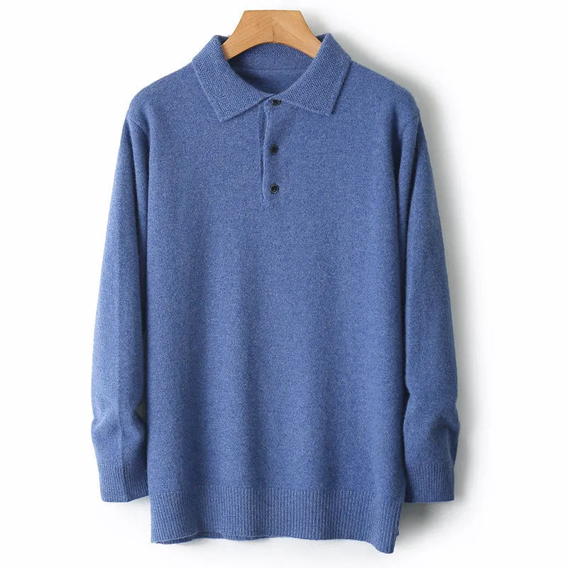 Men's polo collar wool knit sweater in noble blue, shown in a front view.