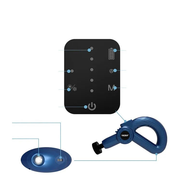 Black smart muscle massage gun with multiple attachment heads for hot and cold compress therapy
