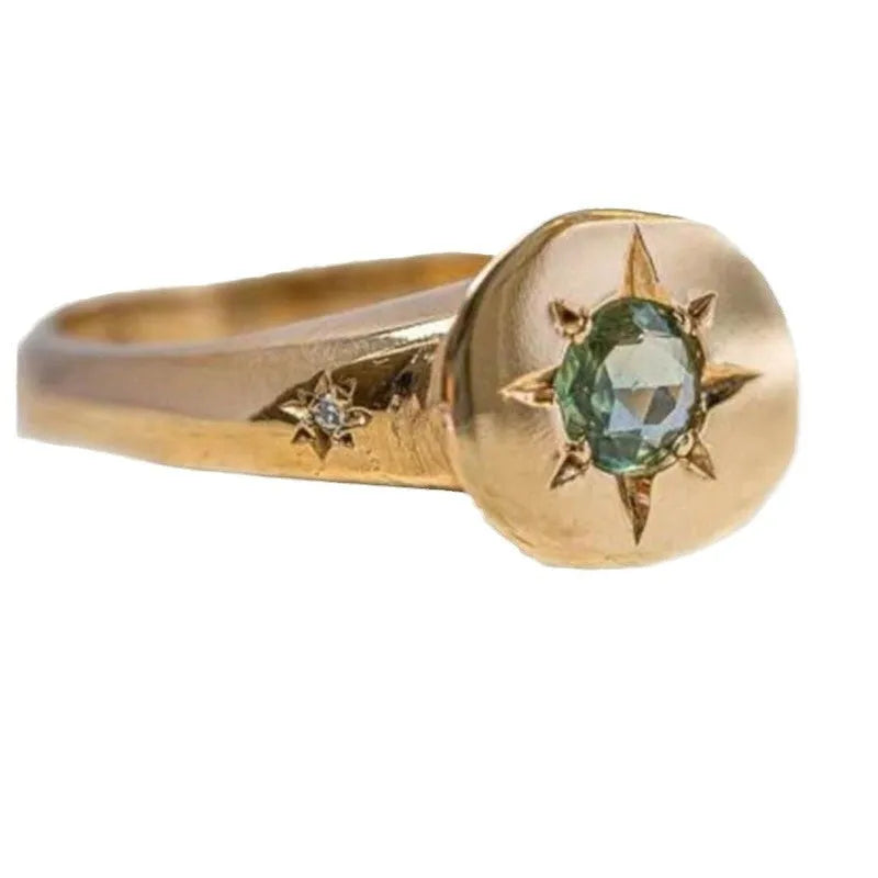 Gold colour adjustable ring with oval asterism zircon star design on zinc alloy.