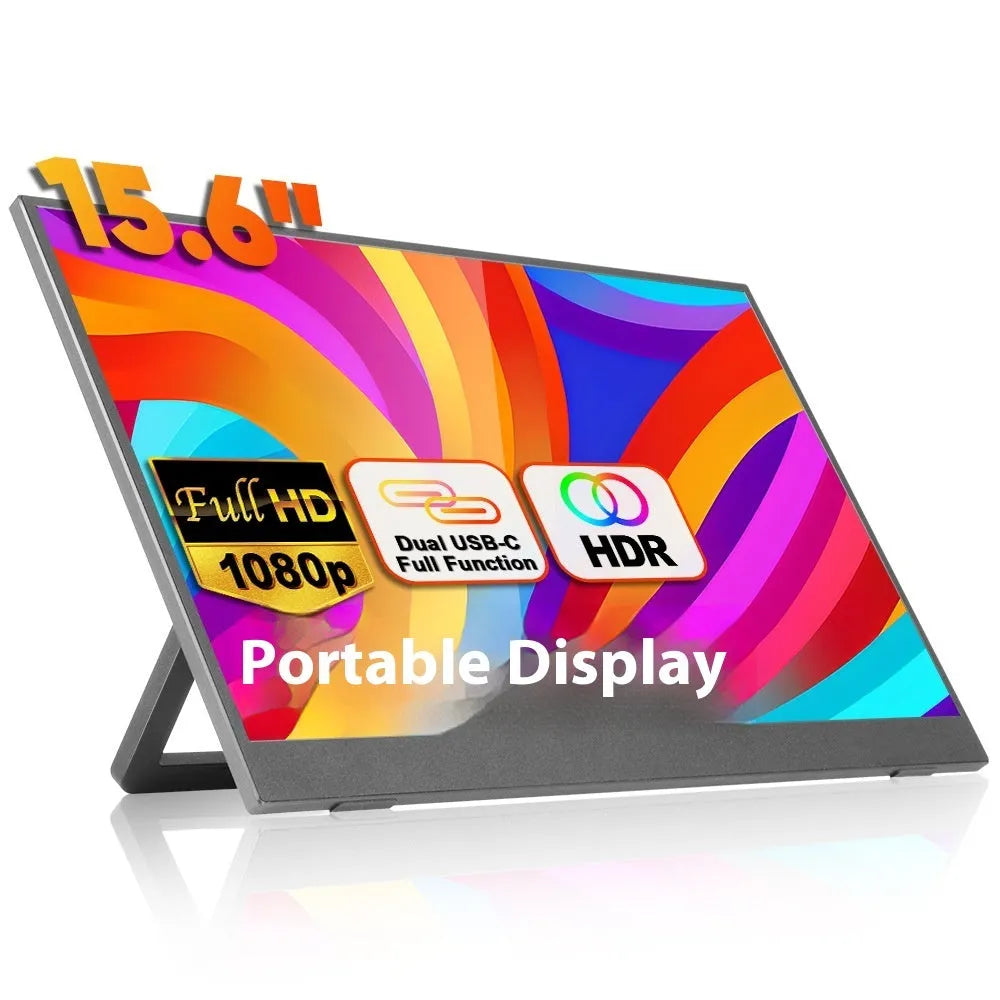Black 15.6 inch portable IPS monitor with stand showing Full HD resolution display