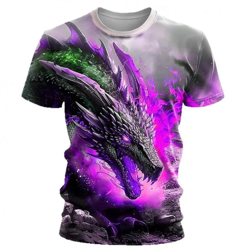 Men's grey T-shirt with a large, detailed 3D wind dragon print on the front, made from thin milk silk fabric.