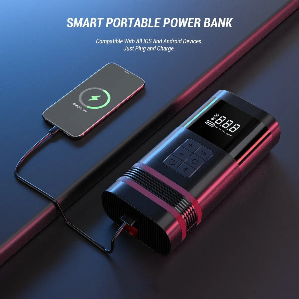 Black rectangular car jump starter power bank with connection cables and LED light